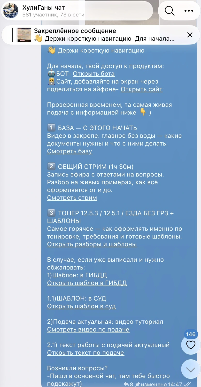 Настоящий закреп чата ХулиГанов: 581 участник, видеоразборы, запись стрима и шаблоны