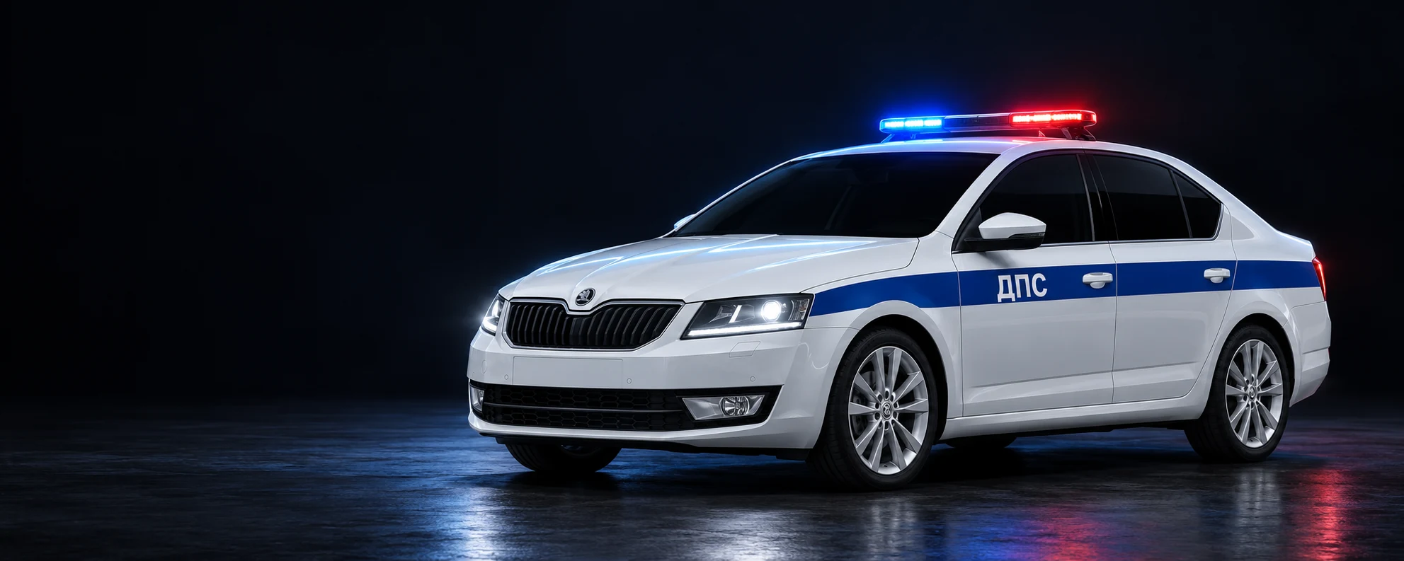 Тонированная Skoda Octavia в расклейке ДПС с красно-синей подсветкой на крыше
